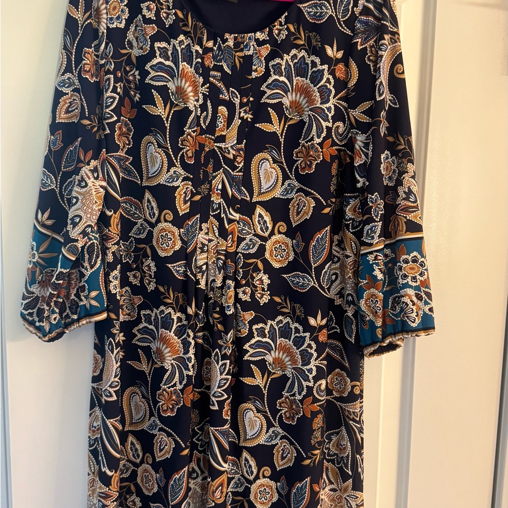 R&K Navy Floral Paisley Long Sleeve Midi Dress